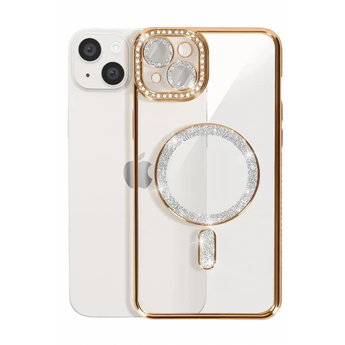 Newface Apple iPhone 15 Kılıf Joke Simli Magneticsafe Kılıf - Gold