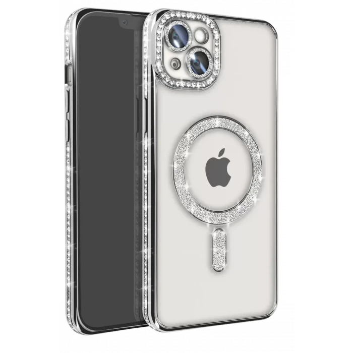 Newface Apple iPhone 15 Kılıf Joke Simli Magneticsafe Kılıf - Gümüş