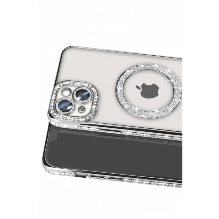 Newface Apple iPhone 15 Kılıf Joke Simli Magneticsafe Kılıf - Gümüş