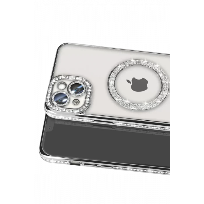 Newface Apple iPhone 15 Kılıf Joke Simli Magneticsafe Kılıf - Gümüş