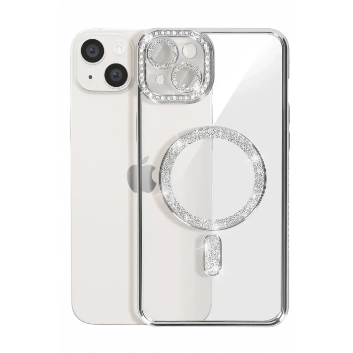 Newface Apple iPhone 15 Kılıf Joke Simli Magneticsafe Kılıf - Gümüş