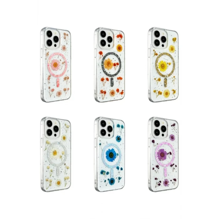 Newface Apple iPhone 15 Pro Kılıf Daisy Simli Magsafe Kapak - Mavi