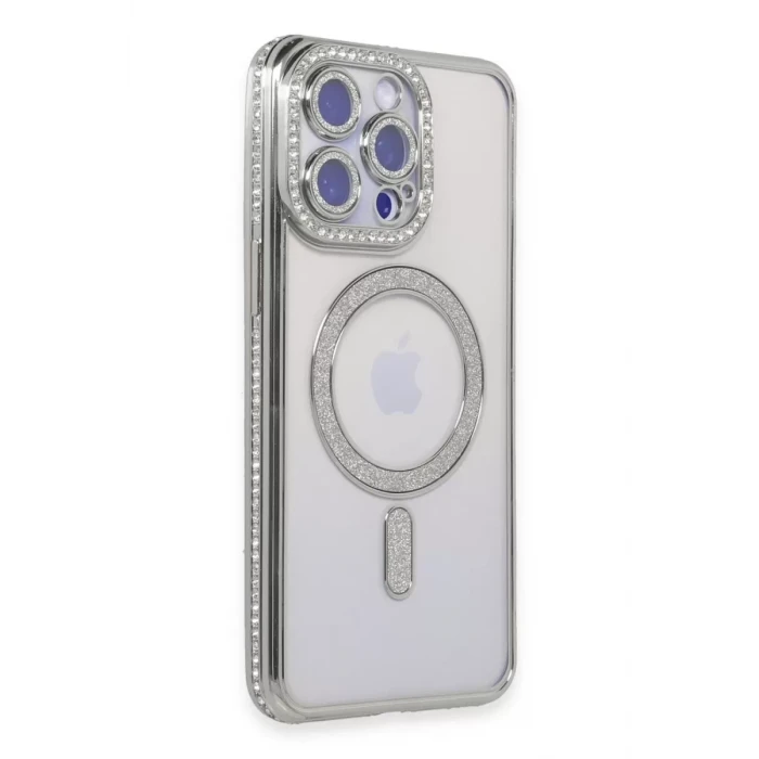 Newface Apple iPhone 15 Pro Max Kılıf Joke Simli Magneticsafe Kılıf - Gümüş