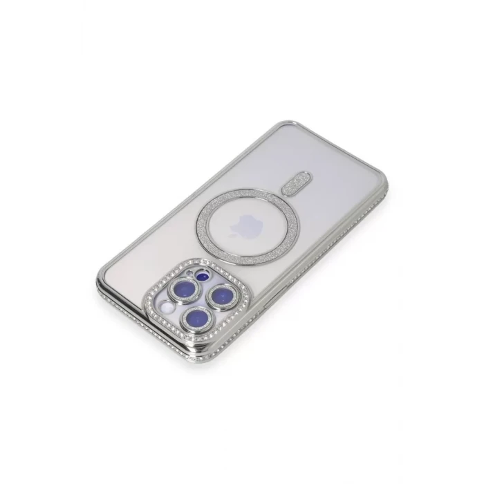 Newface Apple iPhone 15 Pro Max Kılıf Joke Simli Magneticsafe Kılıf - Gümüş