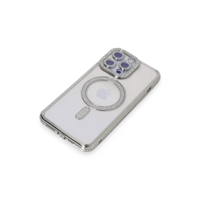 Newface Apple iPhone 15 Pro Max Kılıf Joke Simli Magneticsafe Kılıf - Gümüş