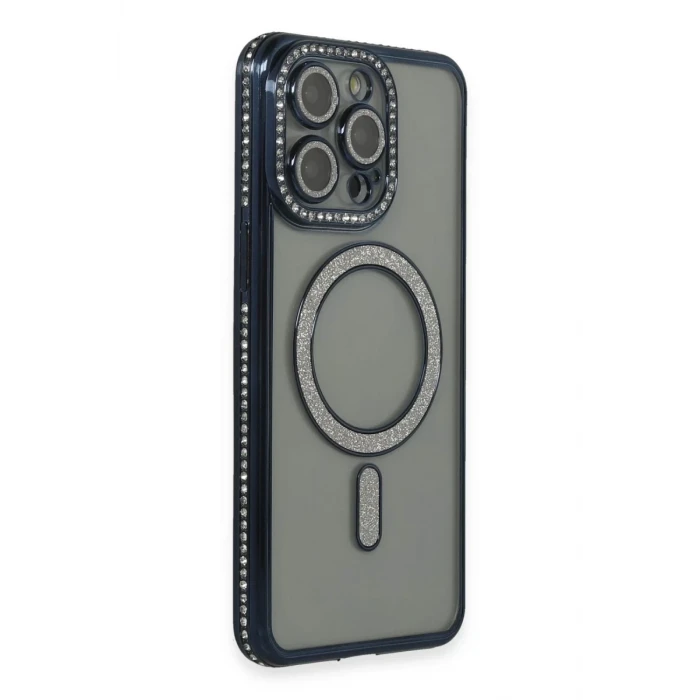 Newface Apple iPhone 15 Pro Max Kılıf Joke Simli Magneticsafe Kılıf - Lacivert