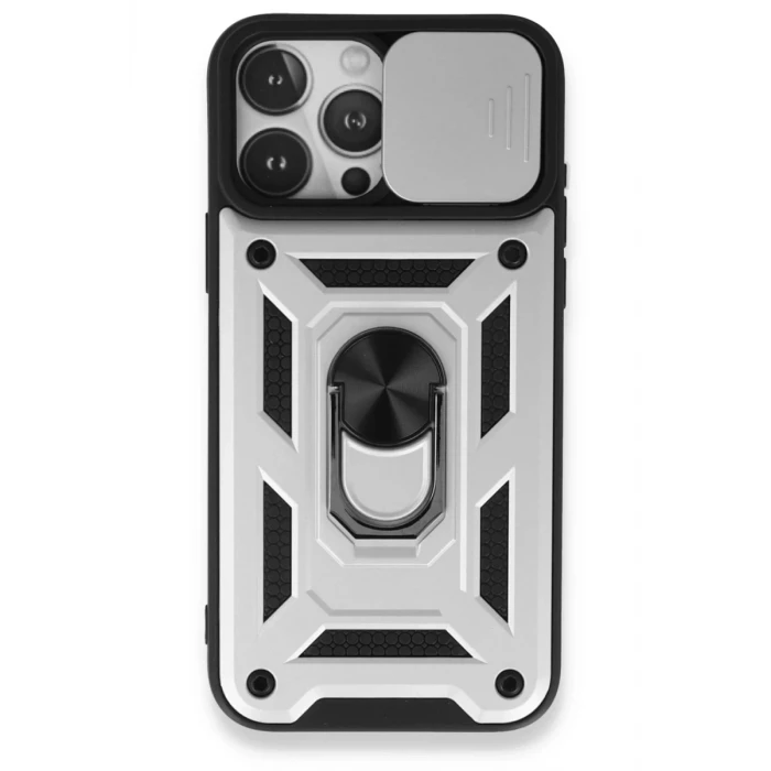 Newface Apple iPhone 15 Pro Max Kılıf Pars Lens Yüzüklü Silikon - Gümüş