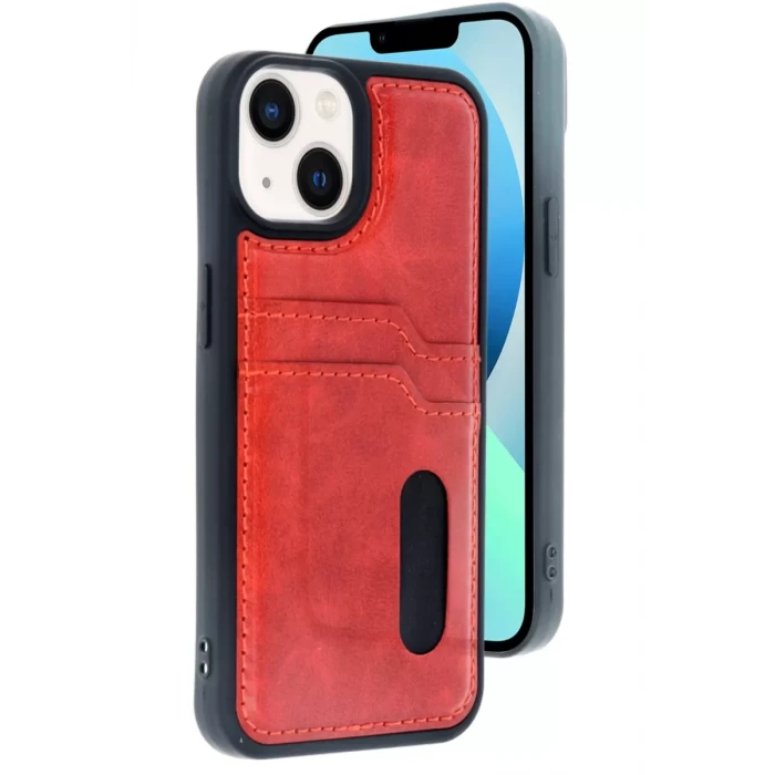 Newface Apple iPhone 15 Sara Kartvizitli Deri Kılıf - Kırmızı