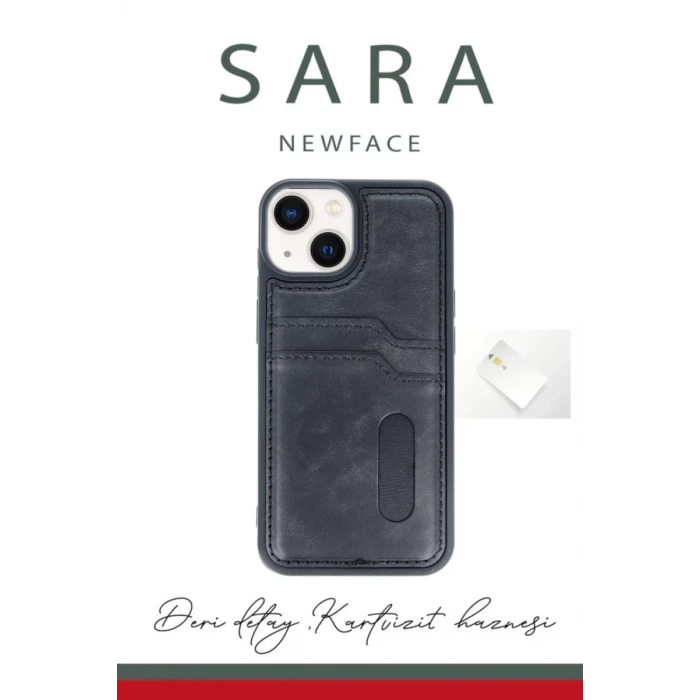 Newface Apple iPhone 15 Sara Kartvizitli Deri Kılıf - Lacivert