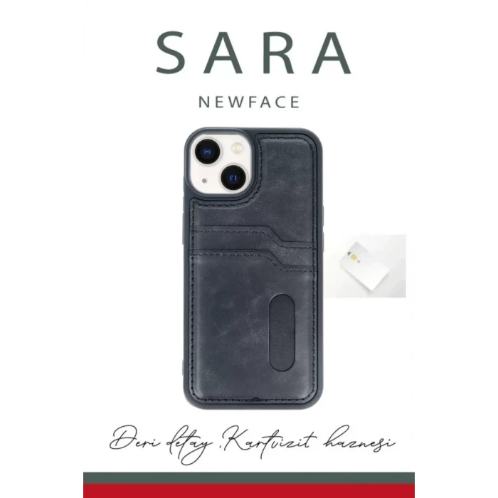 Newface Apple iPhone 15 Sara Kartvizitli Deri Kılıf - Lacivert