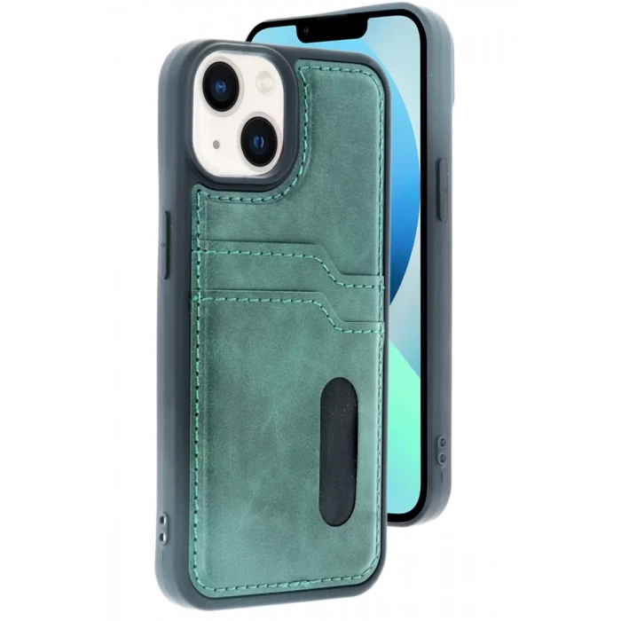 Newface Apple iPhone 15 Sara Kartvizitli Deri Kılıf - Yeşil
