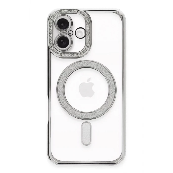 Newface Apple iPhone 16 Kılıf Joke Simli Magneticsafe Kılıf - Gümüş