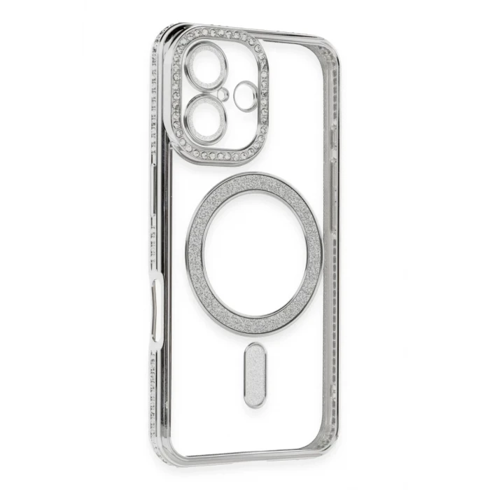 Newface Apple iPhone 16 Kılıf Joke Simli Magneticsafe Kılıf - Gümüş