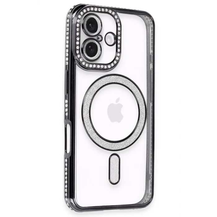 Newface Apple iPhone 16 Kılıf Joke Simli Magneticsafe Kılıf - Siyah