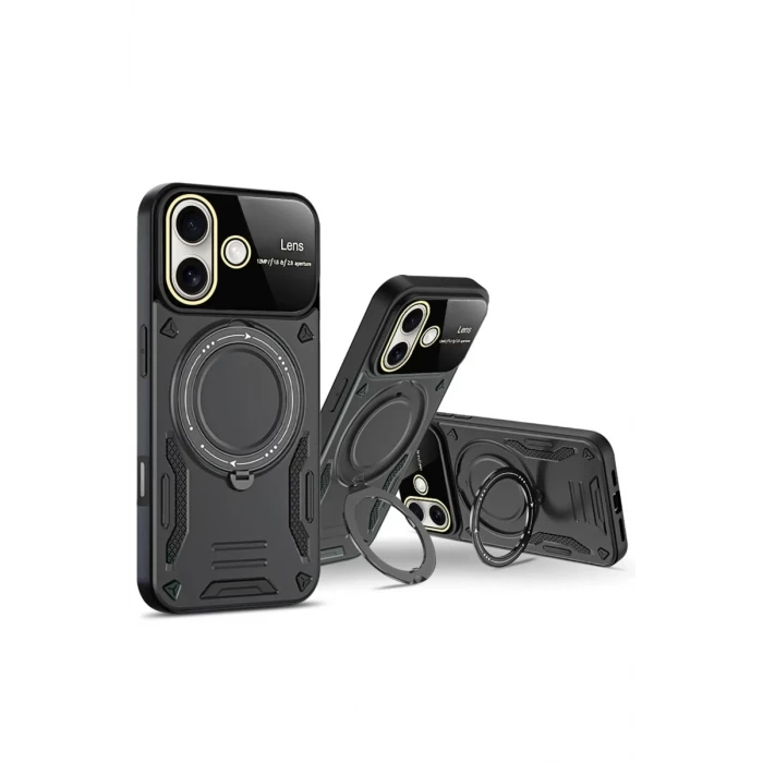 Newface Apple iPhone 16 Kılıf Joy Lens Standlı Kapak - Siyah