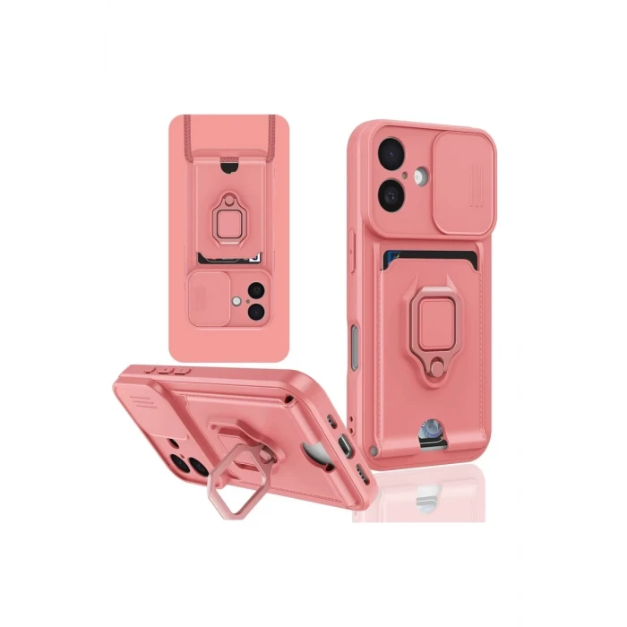 Newface Apple iPhone 16 Kılıf Zuma Kartvizitli Yüzüklü Silikon - Pembe
