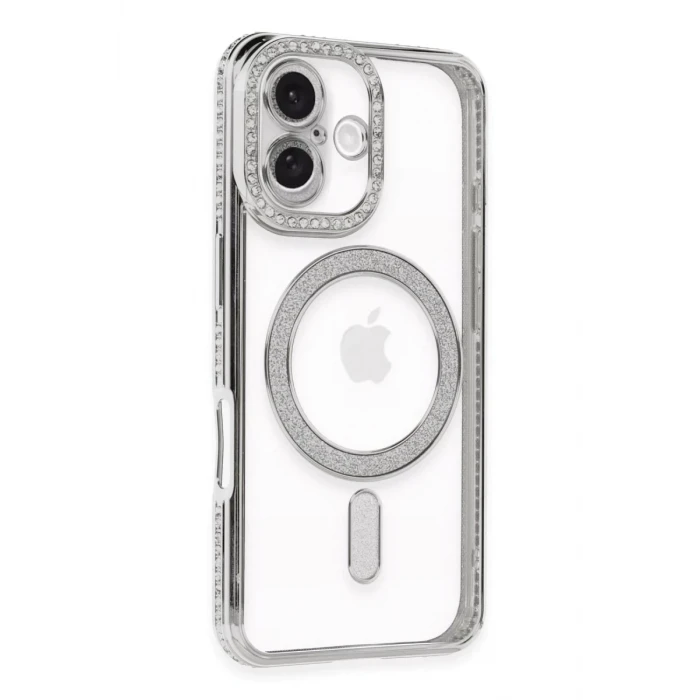 Newface Apple iPhone 16 Plus Kılıf Joke Simli Magneticsafe Kılıf - Gümüş