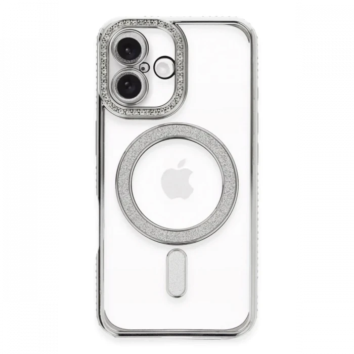 Newface Apple iPhone 16 Plus Kılıf Joke Simli Magneticsafe Kılıf - Gümüş