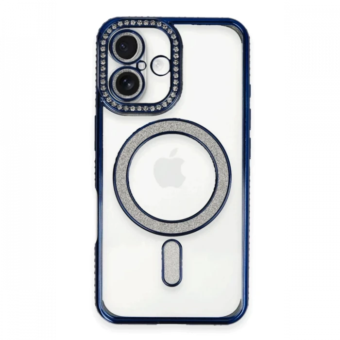 Newface Apple iPhone 16 Plus Kılıf Joke Simli Magneticsafe Kılıf - Lacivert
