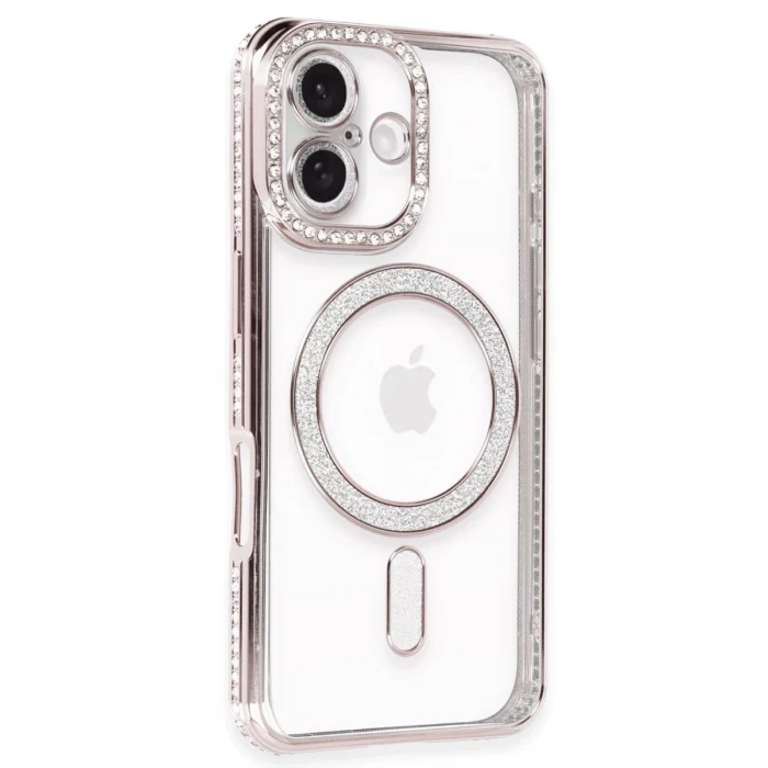 Newface Apple iPhone 16 Plus Kılıf Joke Simli Magneticsafe Kılıf - Pembe