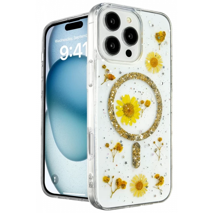 Newface Apple iPhone 16 Pro Kılıf Daisy Simli Magsafe Kapak - Gold