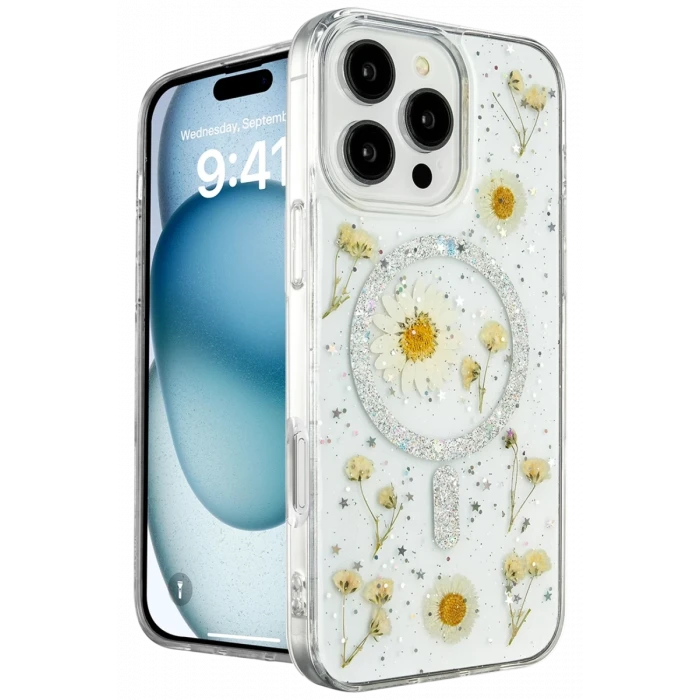 Newface Apple iPhone 16 Pro Kılıf Daisy Simli Magsafe Kapak - Gümüş