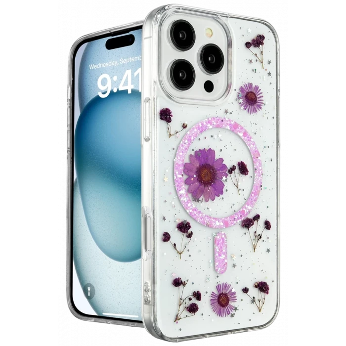 Newface Apple iPhone 16 Pro Kılıf Daisy Simli Magsafe Kapak - Mor