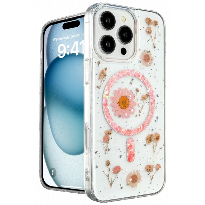 Newface Apple iPhone 16 Pro Kılıf Daisy Simli Magsafe Kapak - Pembe
