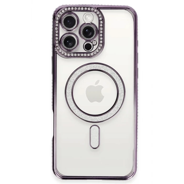 Newface Apple iPhone 16 Pro Kılıf Joke Simli Magneticsafe Kılıf - Derin Mor