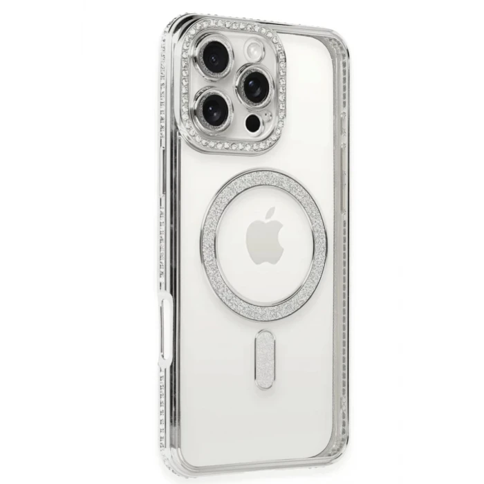 Newface Apple iPhone 16 Pro Kılıf Joke Simli Magneticsafe Kılıf - Gümüş