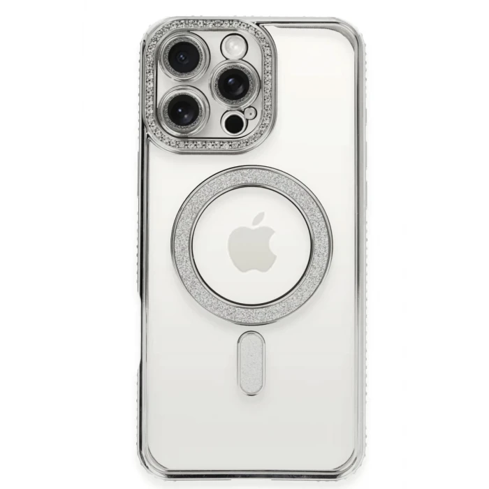 Newface Apple iPhone 16 Pro Kılıf Joke Simli Magneticsafe Kılıf - Gümüş