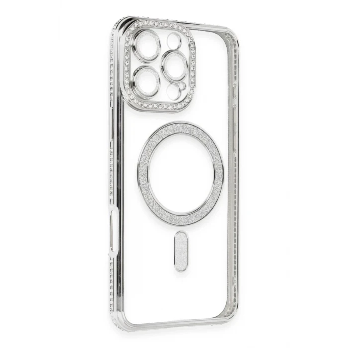 Newface Apple iPhone 16 Pro Kılıf Joke Simli Magneticsafe Kılıf - Gümüş