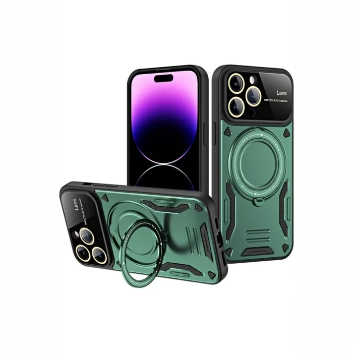 Newface Apple iPhone 16 Pro Kılıf Joy Lens Standlı Kapak - Koyu Yeşil