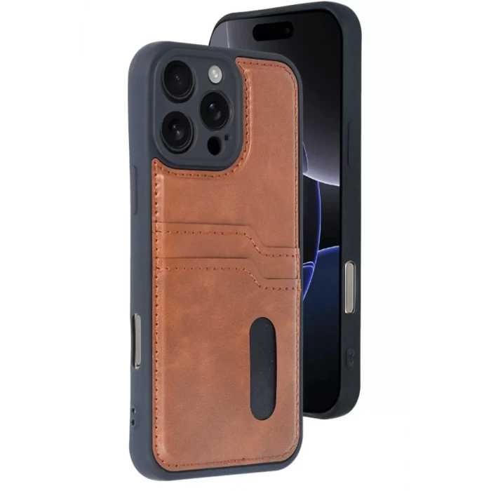 Newface Apple iPhone 16 Pro Kılıf Sara Kartvizitli Deri Kılıf - Taba