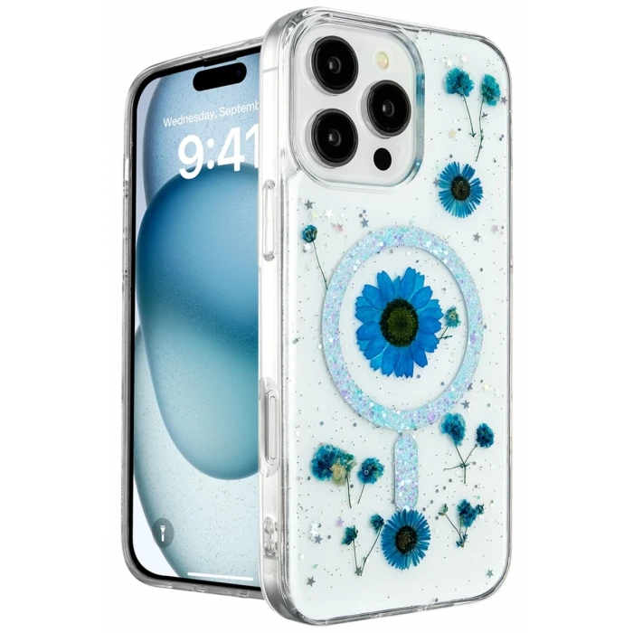 Newface Apple iPhone 16 Pro Max Kılıf Daisy Simli Magsafe Kapak - Mavi