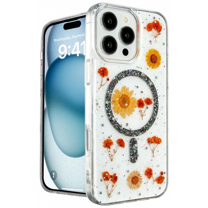 Newface Apple iPhone 16 Pro Max Kılıf Daisy Simli Magsafe Kapak - Siyah