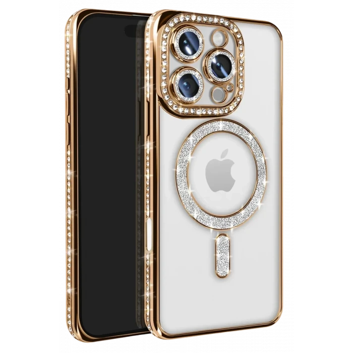 Newface Apple iPhone 16 Pro Max Kılıf Joke Simli Magneticsafe Kılıf - Gold