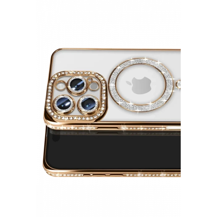 Newface Apple iPhone 16 Pro Max Kılıf Joke Simli Magneticsafe Kılıf - Gold