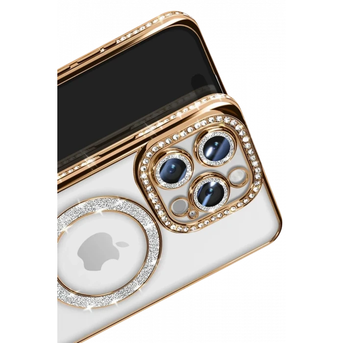 Newface Apple iPhone 16 Pro Max Kılıf Joke Simli Magneticsafe Kılıf - Gold