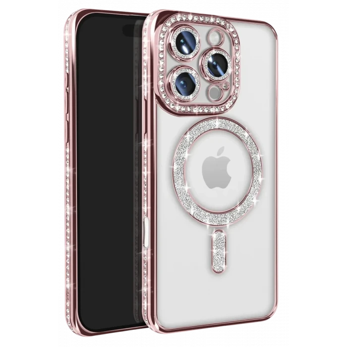 Newface Apple iPhone 16 Pro Max Kılıf Joke Simli Magneticsafe Kılıf - Pembe