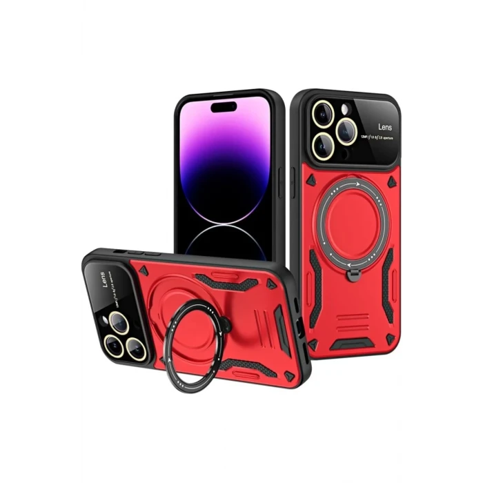 Newface Apple iPhone 16 Pro Max Kılıf Joy Lens Standlı Kapak - Kırmızı