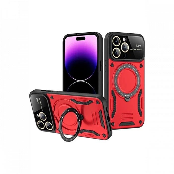 Newface Apple iPhone 16 Pro Max Kılıf Joy Lens Standlı Kapak - Kırmızı