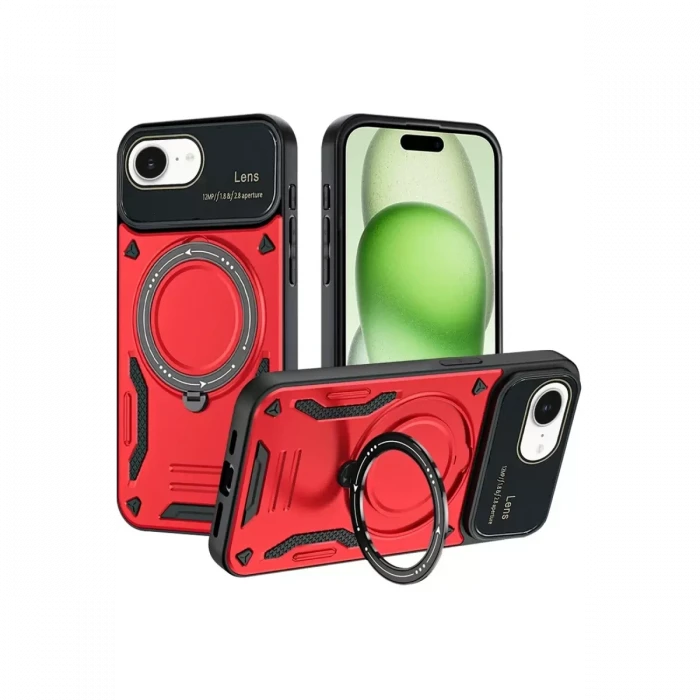 Newface Apple iPhone 16E Kılıf Joy Lens Standlı Kapak - Kırmızı