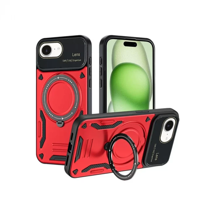 Newface Apple iPhone 16E Kılıf Joy Lens Standlı Kapak - Kırmızı