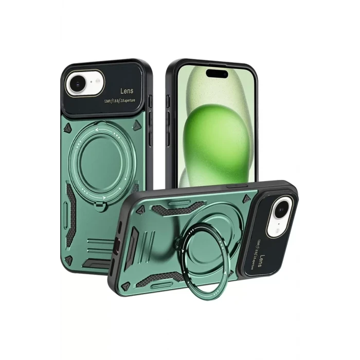 Newface Apple iPhone 16E Kılıf Joy Lens Standlı Kapak - Koyu Yeşil