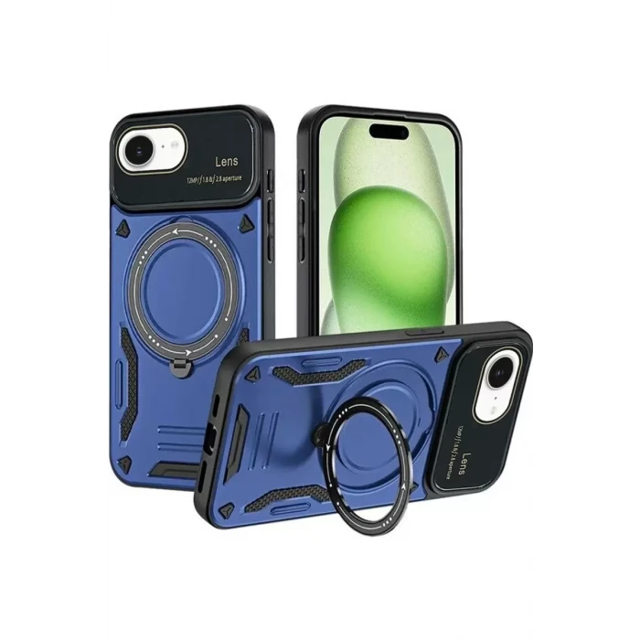 Newface Apple iPhone 16E Kılıf Joy Lens Standlı Kapak - Lacivert