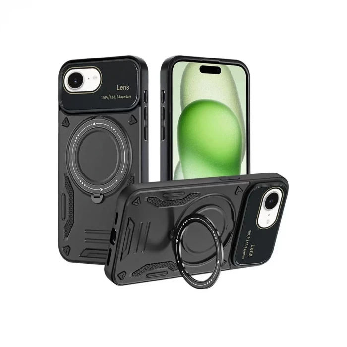 Newface Apple iPhone 16E Kılıf Joy Lens Standlı Kapak - Siyah