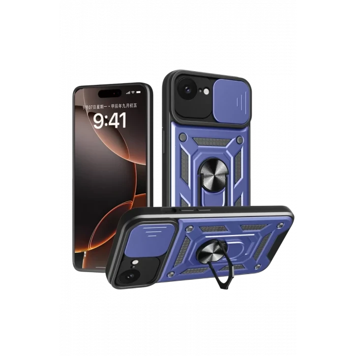 Newface Apple iPhone 16E Kılıf Pars Lens Yüzüklü Silikon - Lacivert