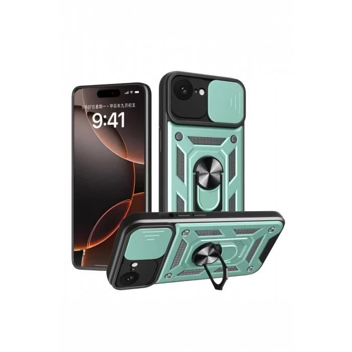 Newface Apple iPhone 16E Kılıf Pars Lens Yüzüklü Silikon - Yeşil