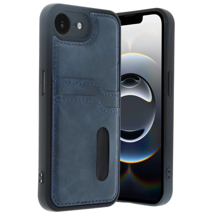 Newface Apple iPhone 16E Kılıf Sara Kartvizitli Deri Kılıf - Lacivert